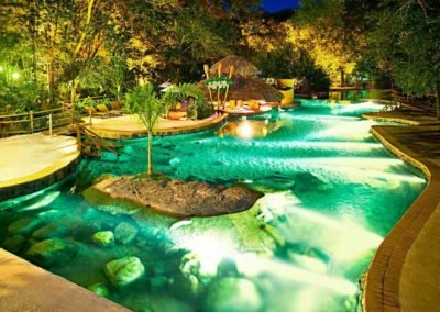piscina iluminada internamente com pedras dentro e vegetação