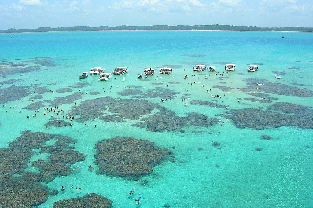 corais, banhistas e barcos nas piscinas naturais de Maragogi