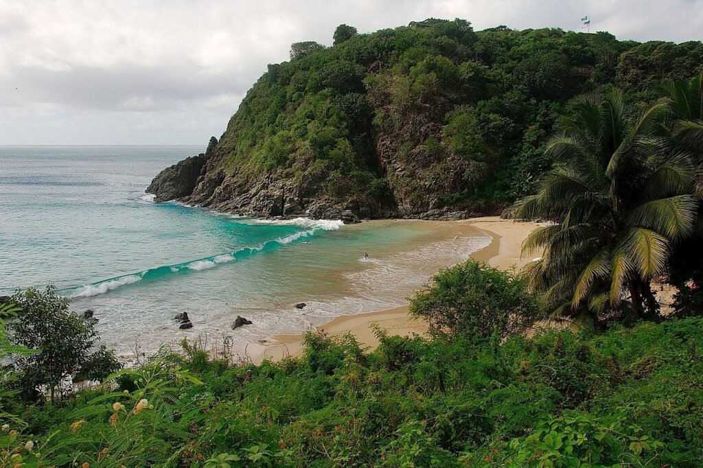 praia cercada de morros com vegetação em Fernando de Noronha